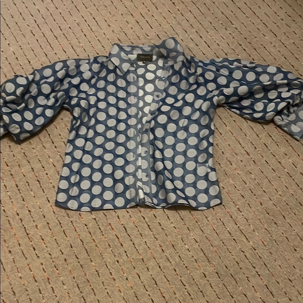 Gracia Women Sheer Polka Dot Paneled Button Up with Puff Sleeve Blouse | Blue